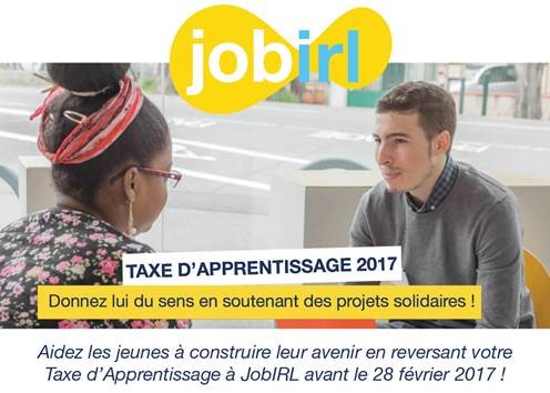 Logo Taxe d’apprentissage 2017 : Choisissez JobIRL comme bénéficiaire pour aider les jeunes à construire leur avenir en les rapprochant du monde professionnel !